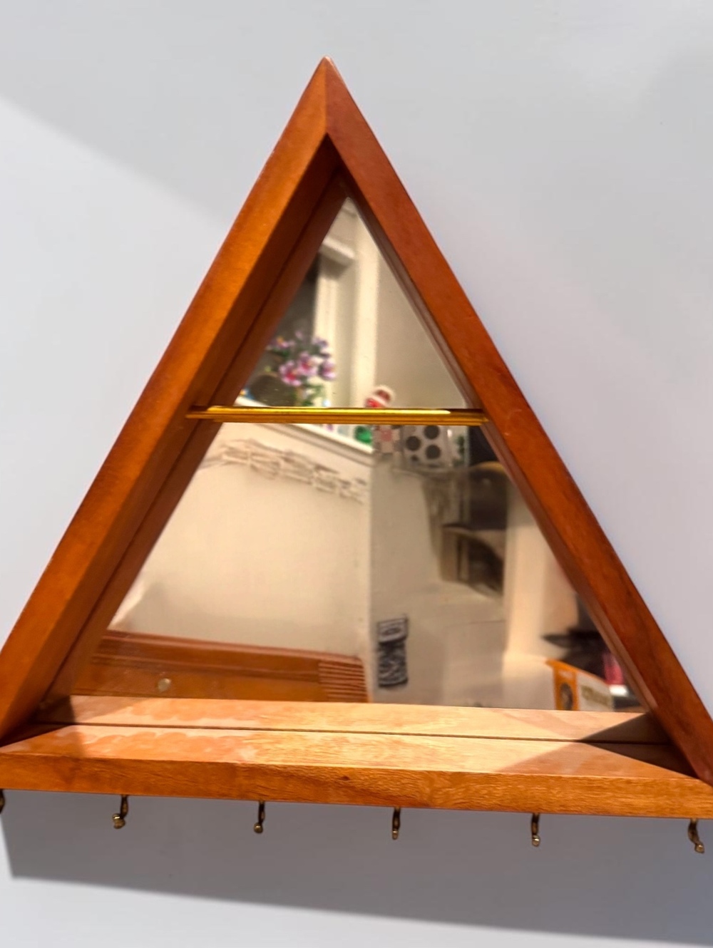 Mid-Century Modern Triangular Teak and Brass Wall Mirror with Key Hooks